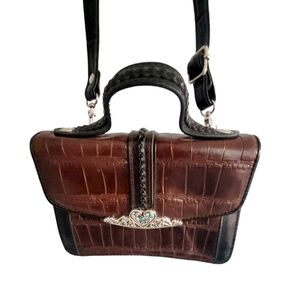 M.C. Faux Leather Crocodile Black and Brown Two Tone Crossbody Purse